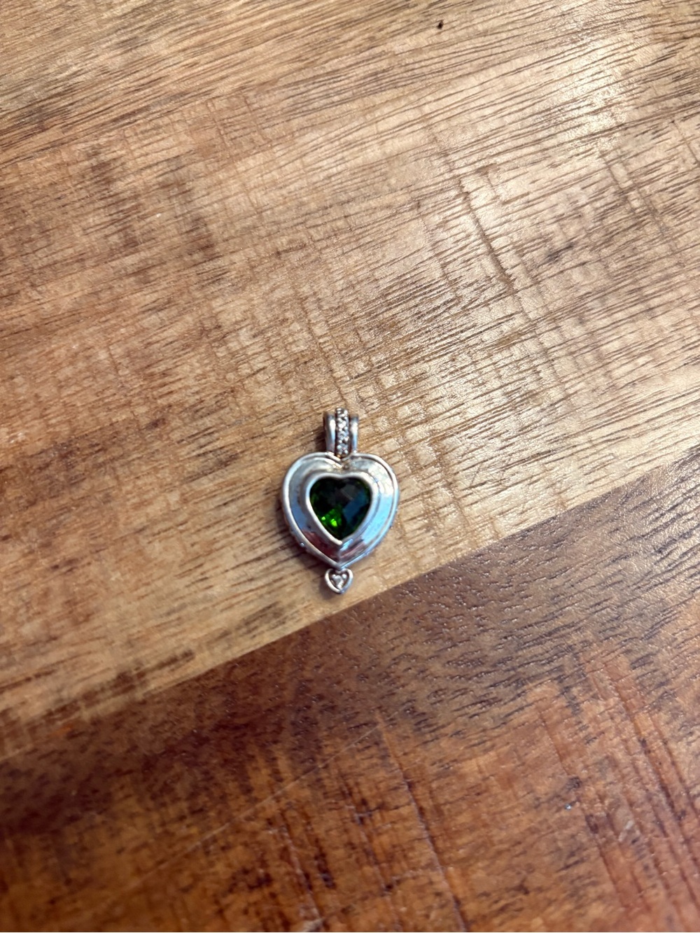 Sterling Silver Heart Pendant with Green Crystal Center - Women Jewelry